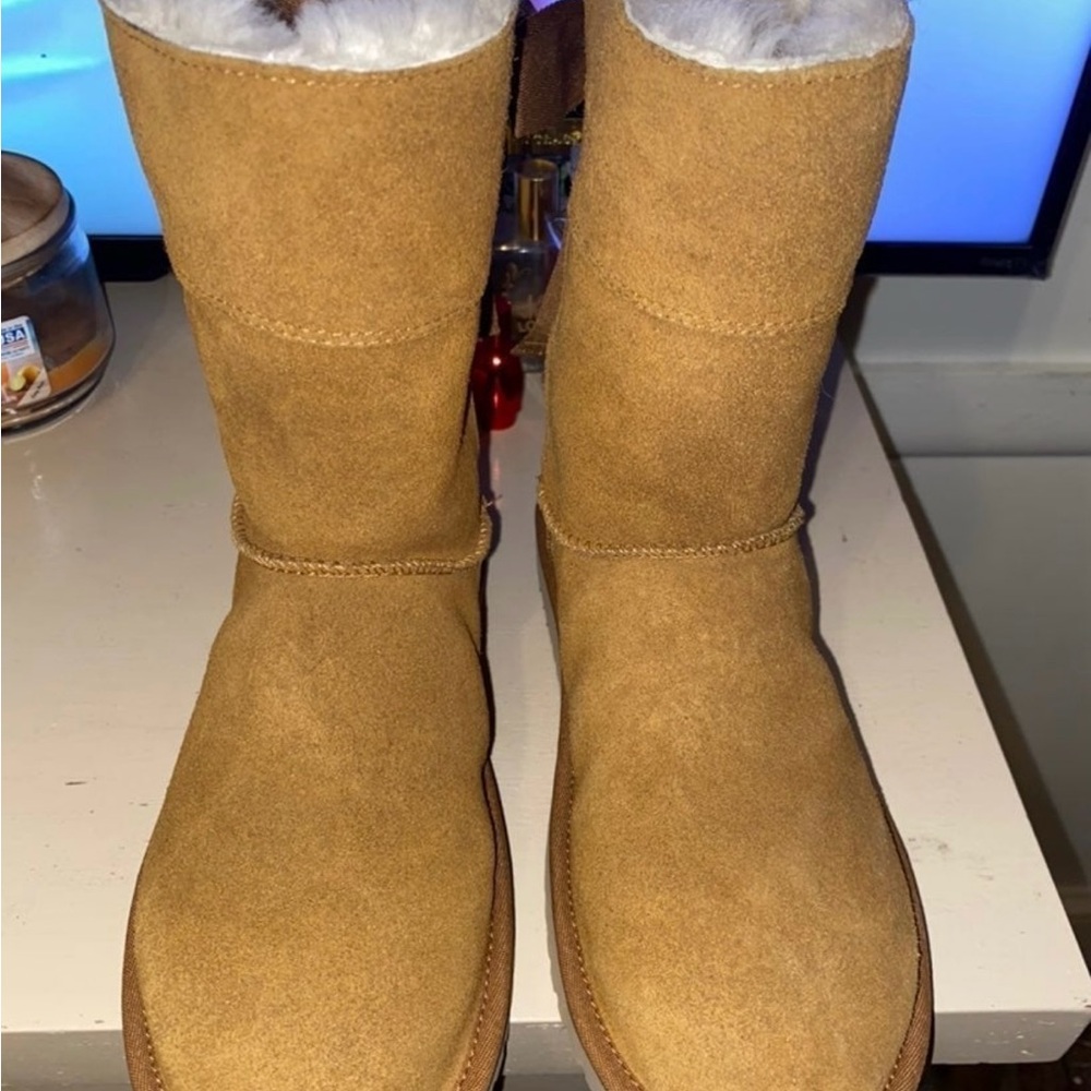 Koolaburra Tan Suede Boots with Ribbon Detail